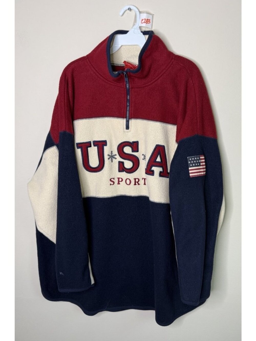 Vintage 90s Fleece Jacket Sweatshirt USA American Flag Baggy